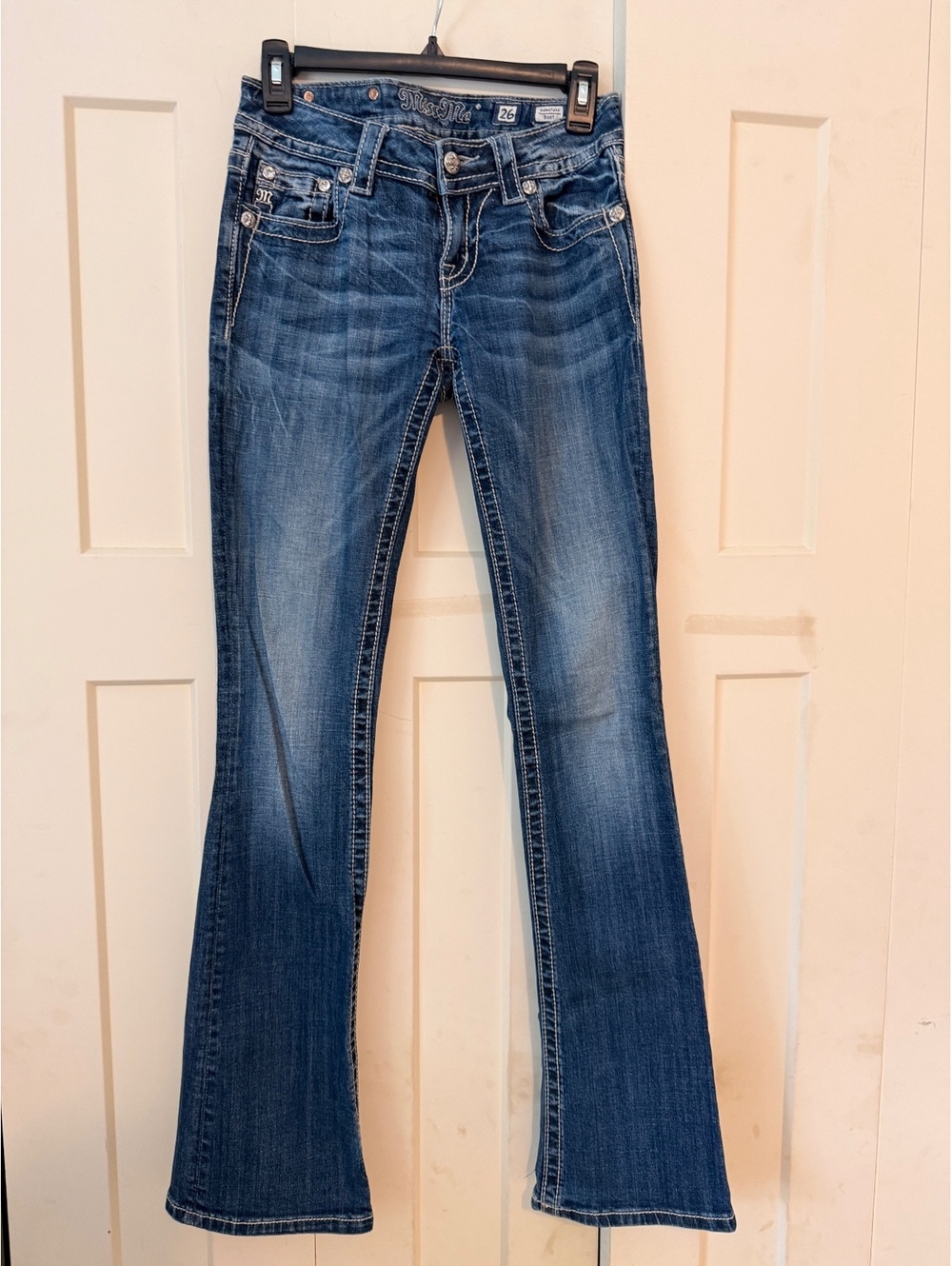 Miss me size 26 blue denim jeans bootcut crossed multicolor
